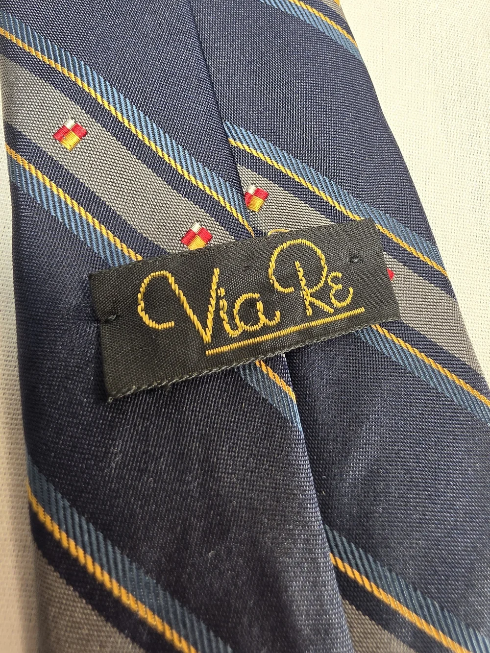 Mens Vintage Navy Striped Tie with Gray Bands and Red Accent